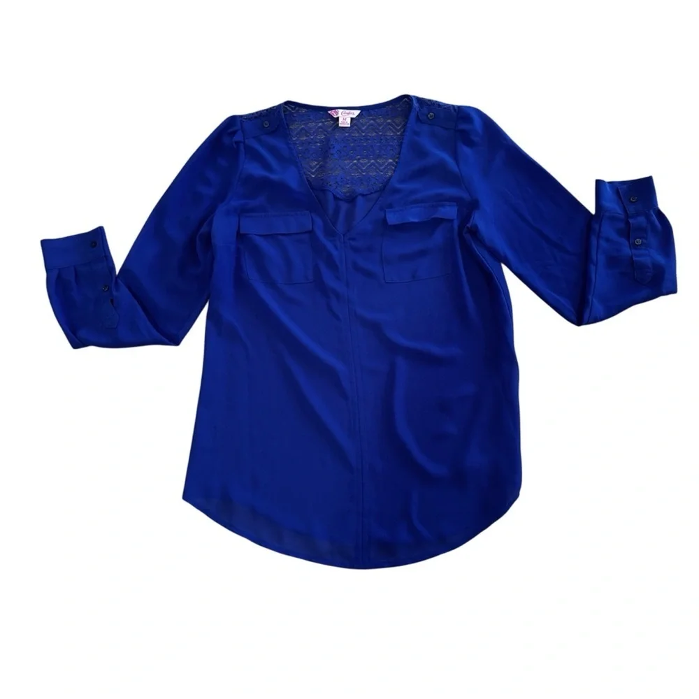 Candie's royal blue long sleeved blouse, back lace detailing, button sleeves, M. - Picture 1 of 13